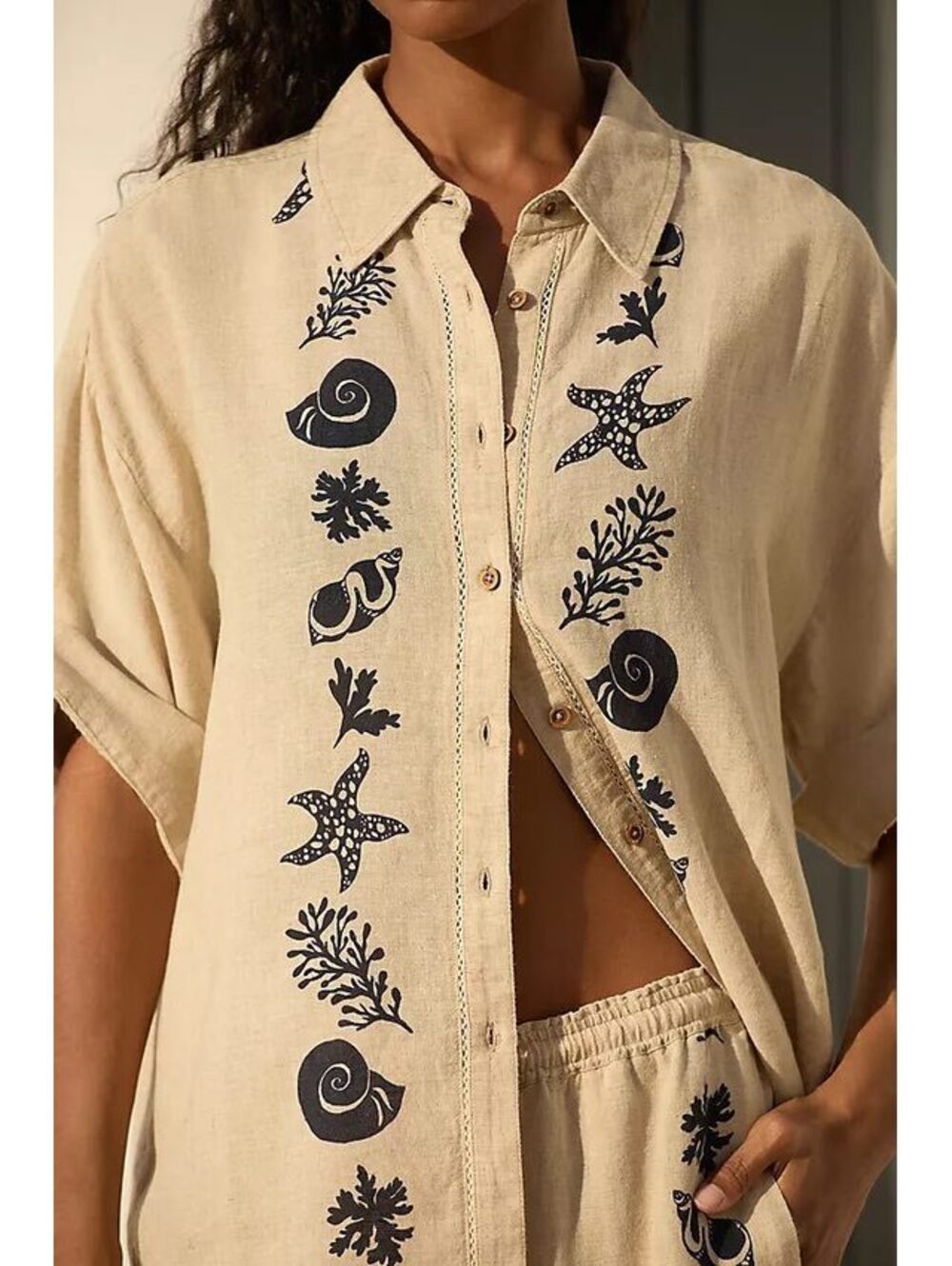 Anthropologie Linen Buttondown Top Seashell Beach Print Blouse Medium